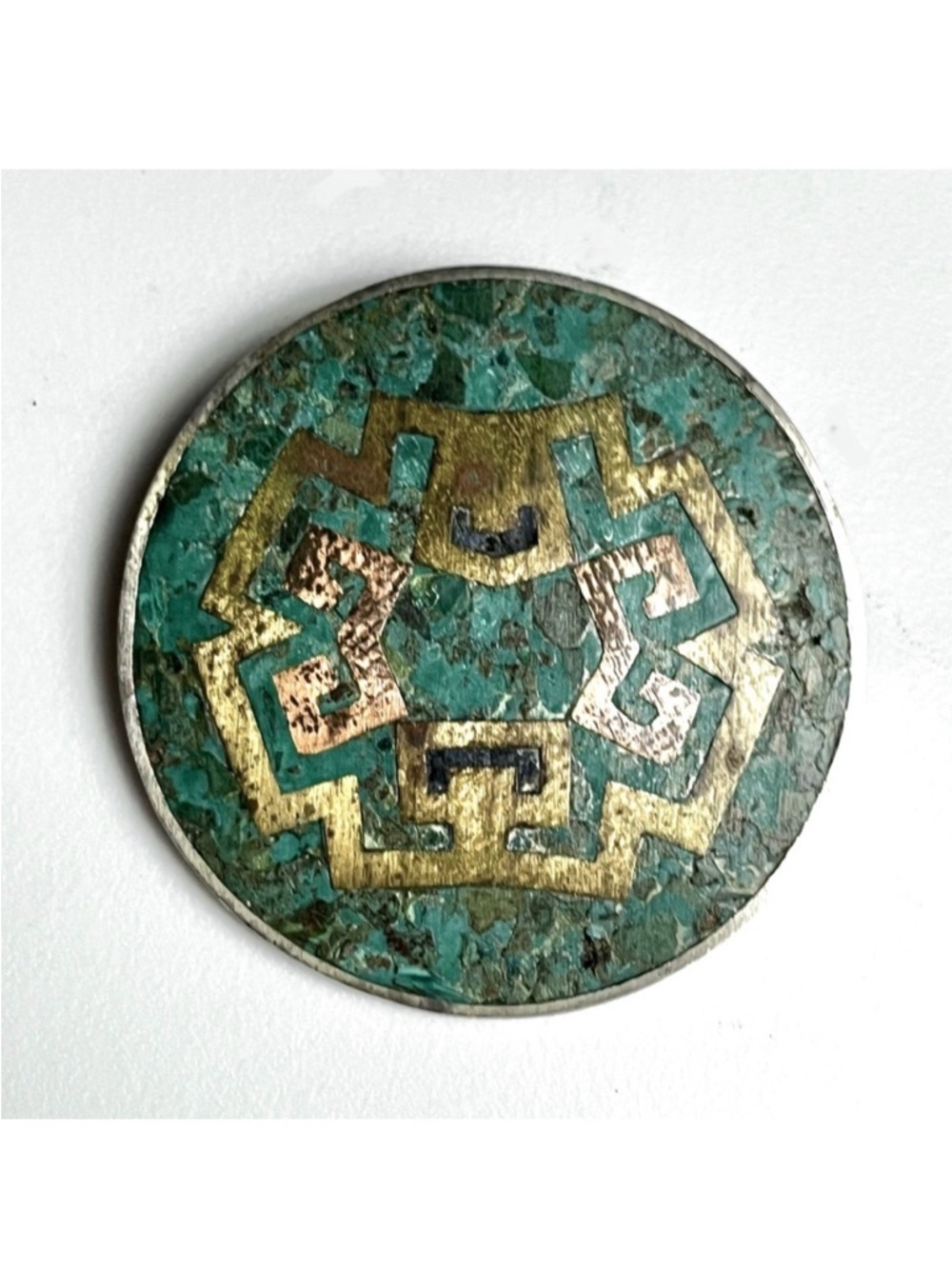 🐢👑Stunning Vintage Taxco Strlng Silver, Picasso Agate & Brass inlay Brooch/Pin